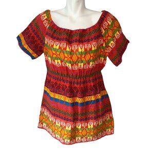 Vtg 70s Embroidered Mexican Red Floral Top Off Shoulder Womens Size XL/XXL